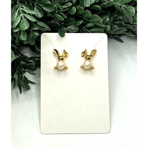 Gold Tone Faux Pearl Bunny Stud Earrings by AVON - Picture 5 of 5
